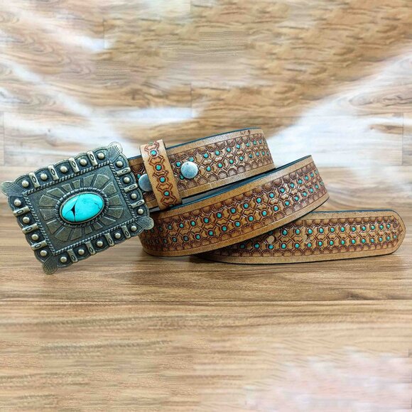 Western Honeycomb Tooled belt, Leather Embossed Belt with Turquoise Dots, Unisex - Picture 3 of 12